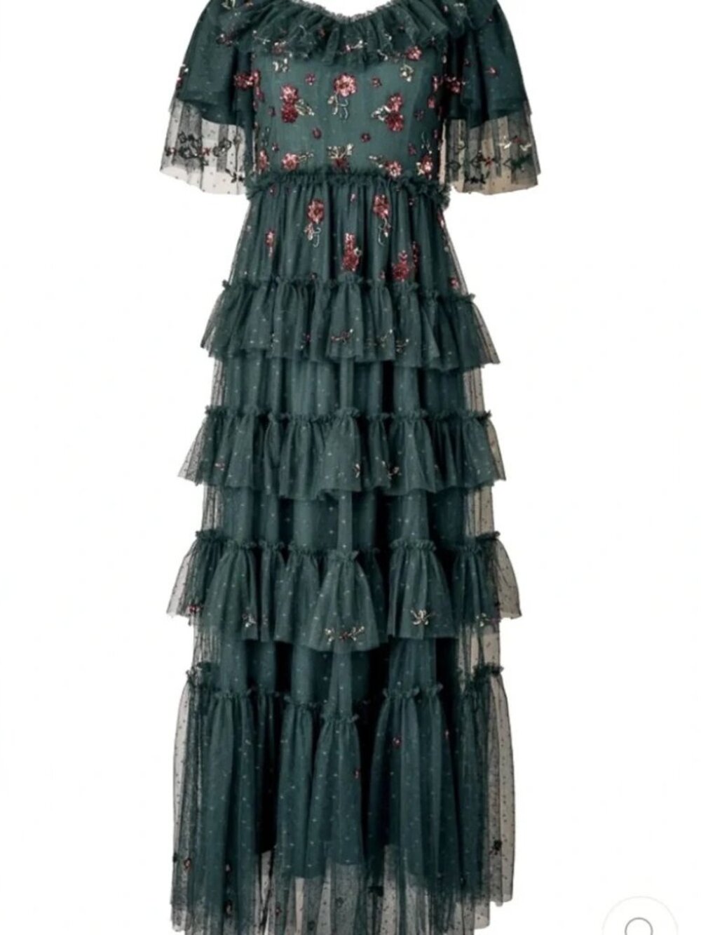 Ivy City Co Amelie Dark Green Floral Tiered Tulle Maxi Dress - Picture 4 of 7